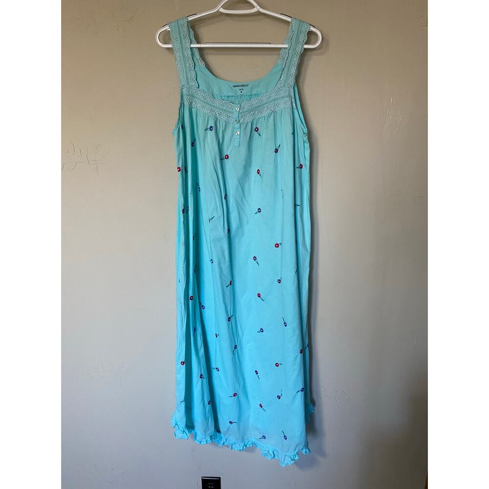 Dreams & Co Tank Nightgown Blue Green Lace Embroidered Flowers 100% Cotton
